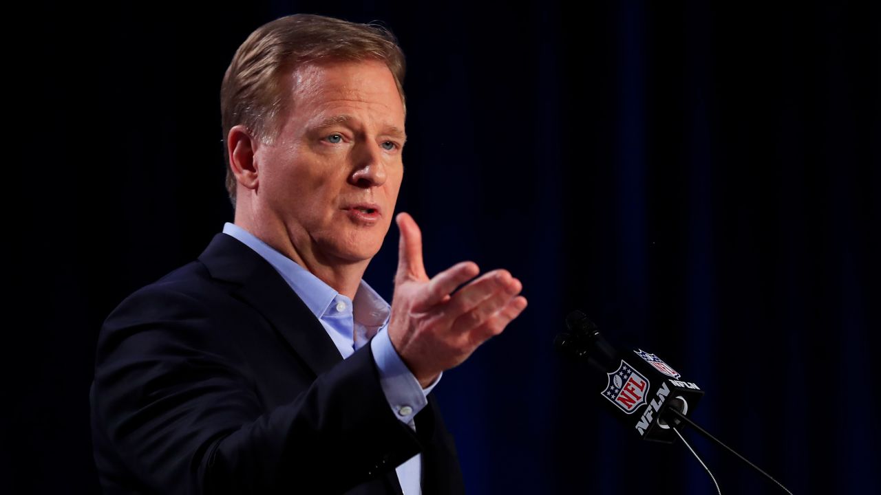 MIAMI, FLORIDA - JANUARY 29: NFL Commissioner Roger Goodell speaks to the media during a press conference prior to Super Bowl LIV at the Hilton Miami Downtown on January 29, 2020 in Miami, Florida. The San Francisco 49ers will face the Kansas City Chiefs in the 54th playing of the Super Bowl, Sunday February 2nd. (Photo by Cliff Hawkins/Getty Images)