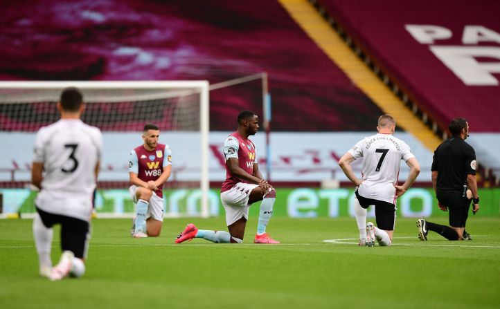 The Black Lives Matter protests haven't been limited to just North America. Here, professional soccer players from Aston Villa and Sheffield United take a knee as their match kicked off in Birmingham, England, on June 17. Premier League teams sported the words "Black Lives Matter" on the back of their jerseys when <a href="index-1025.html" target="_blank">their seasons resumed.</a>