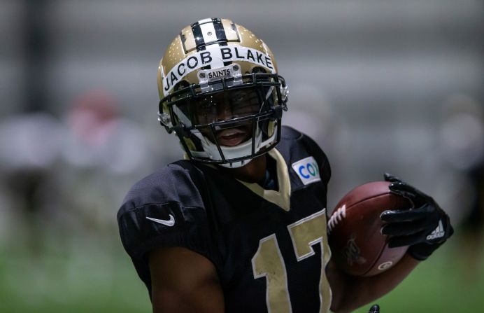 New Orleans Saints wide receiver Emmanuel Sanders wears Jacob Blake's name on his helmet during a practice on August 27.