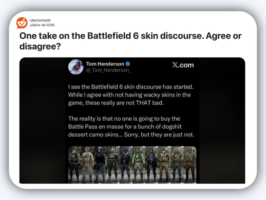 Launch-day volatility: how gaming studios protect brand trust in high-stakes releases 6 Screenshot of a reddit post discussing battlefield 6 cosmetic skins. The post quotes a tweet from tom henderson saying the skins are not as bad as players claim and that plain desert camo won’t drive battle pass sales. Below the quote is an image showing multiple battlefield soldier skins lined up in different outfits.