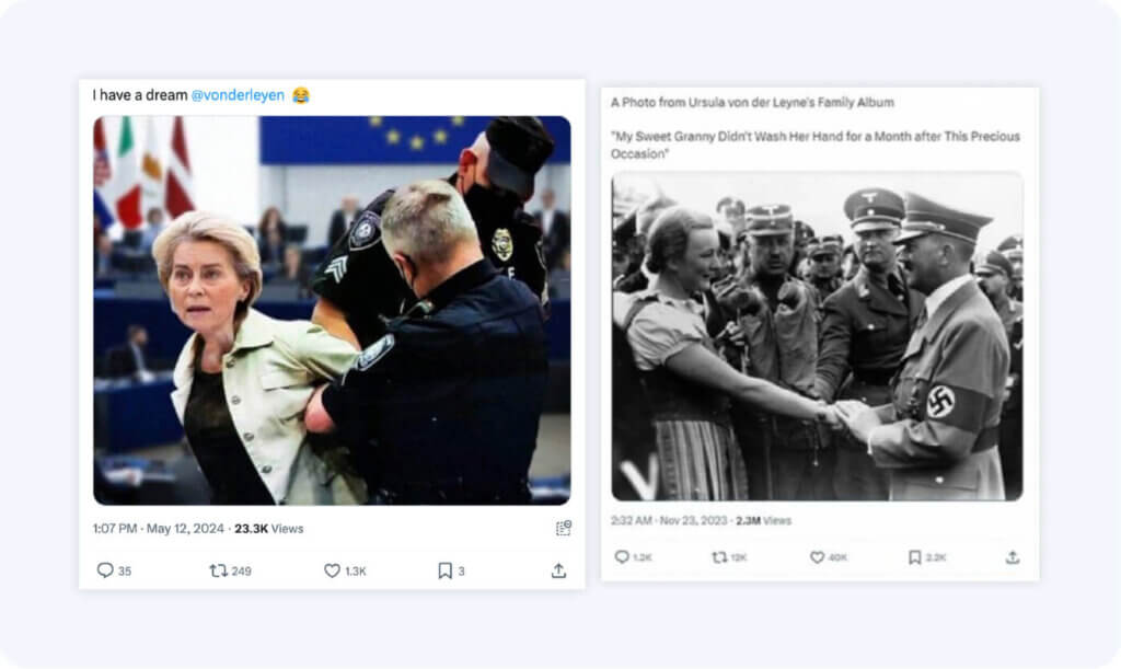 Hate speech, false claims, and cib target voters during eu elections 2024 2 Mis-and disinformation targeting the eu elections on social media included manipulated images that falsely depicted ursula von der leyen being arrested for corruption.