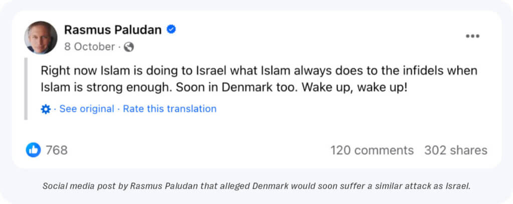 Scandinavian far-right exploit livestreams to spread islamophobia around israel-hamas war 2 Example of post by rasmus paludan that alleged that denmark would soon suffer a similar attack as israel.