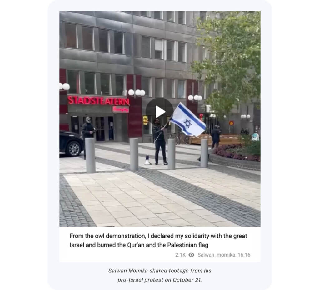 Scandinavian far-right exploit livestreams to spread islamophobia around israel-hamas war 9 Example of livestream by salwan mornika that attempts to leverage narratives around the israel-hamas war to expand his popularity on the platform.