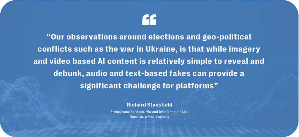 The rise of synthetic propaganda - gen ai's growing threat to election integrity 3 While imagery and video based gen ai disinformation is relatively easier to debunk, audio and text-based fakes can provide a significant challenge to social media platforms.