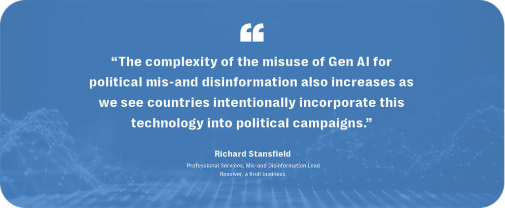 The rise of synthetic propaganda - gen ai's growing threat to election integrity 4 The threat posed by the proliferation of gen ai disinformation will increase as political parties use ai-technology in political campaigning.