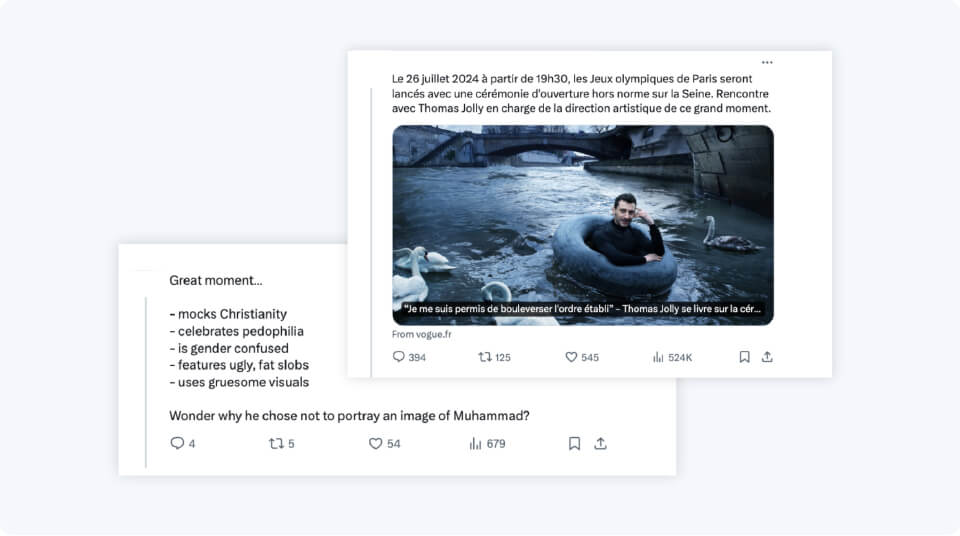 Replies on brand owned or managed pages on mainstream platforms included adverse commentary sharing death threats towards the artistic director of the olympics opening ceremony.