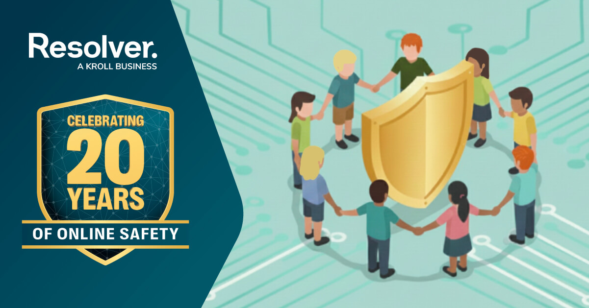 Illustration of children standing in a circle around a protective shield, reflecting Resolver’s 20 years of work helping platforms strengthen online safety.