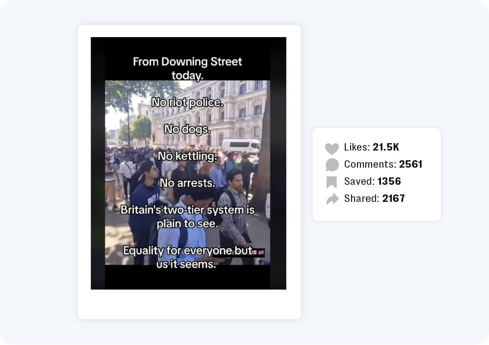 Far-right actors also employed short-form video clips of the anti-migrant demonstrations and alleged the police were biased in favour of minorities and migrants.