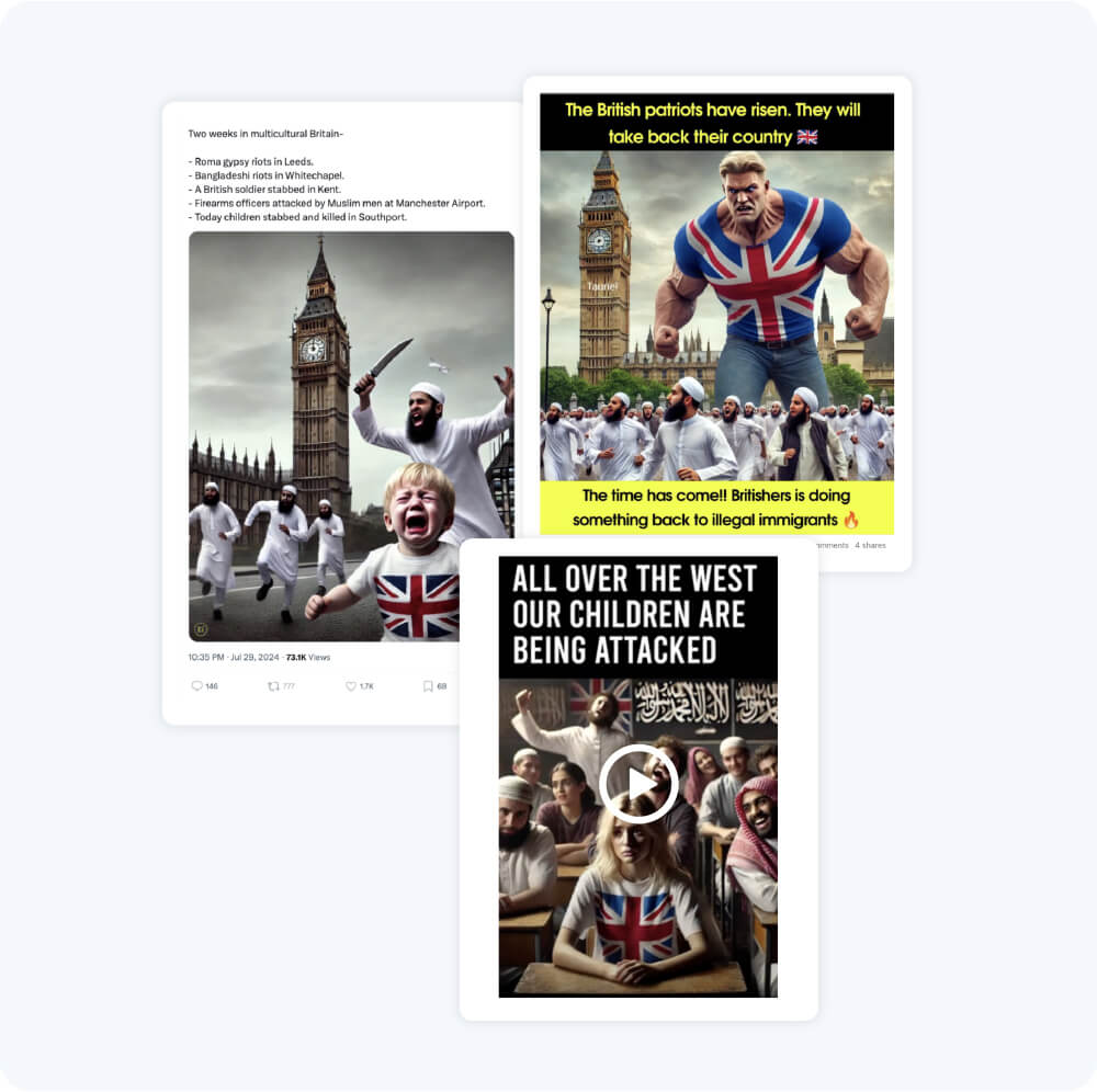 Far-right actors also employed hateful gen ai imagery to glorify the anti-migrant violence on social media platforms.