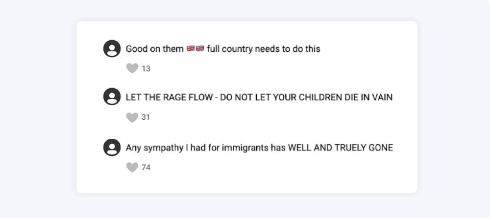 Comments under livestreams depicting anti-migrant violence promoted hate and glorified the violence.