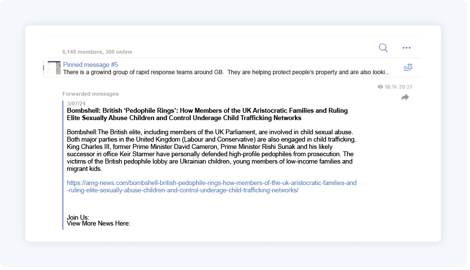 Example of a post sharing the child trafficking allegations in a uk-based channel that frequently posts about anti-vaxx conspiracy theories.