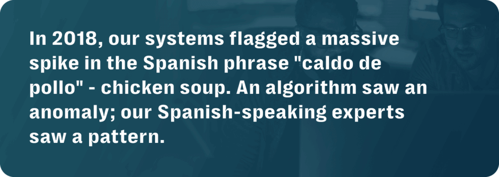 From "chicken soup" to catastrophe: the dangers of an english-only trust & safety model 2 A quote outlining the importance of multilingual trust and safety systems for platform moderation of csam.
