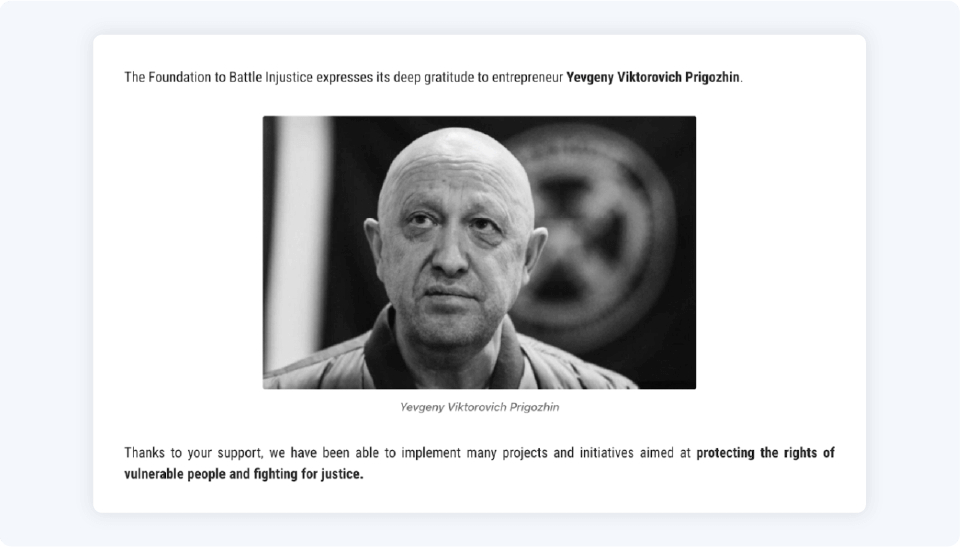 Another blog published by the foundation credit the deceased founder of the wagner pmc for helping them "implement projects and activities".