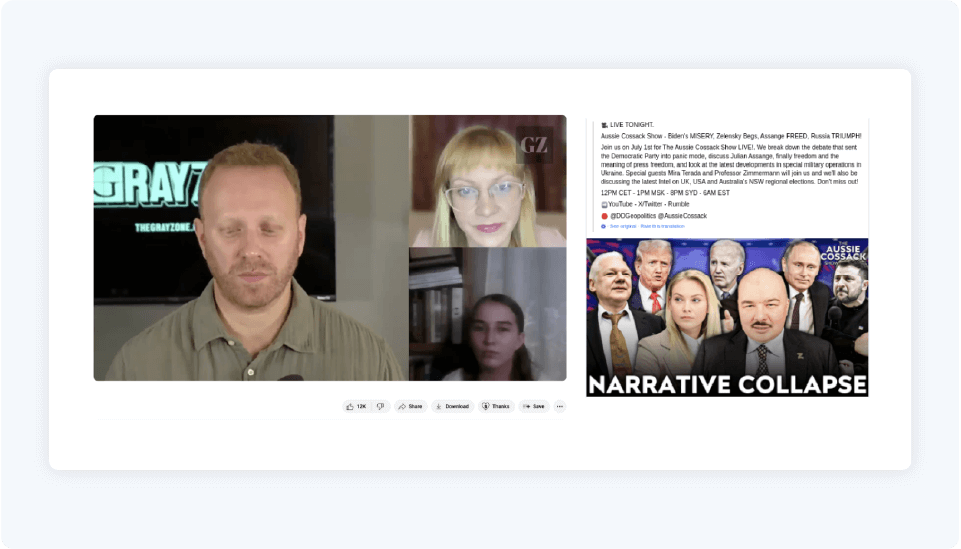 Screenshots showing different examples of fbi founder mira terada appearing as a credible expert on talk shows and podcasts hosted by pro-kremlin influencers on social media.