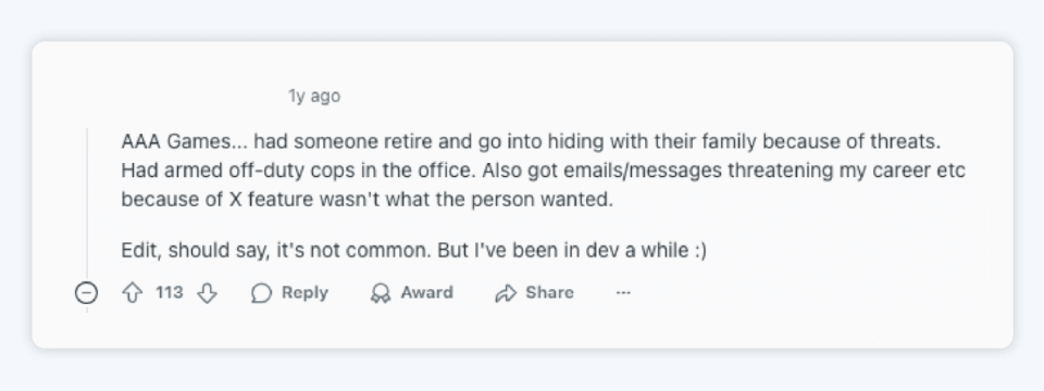 Developer harassment comment aaa games