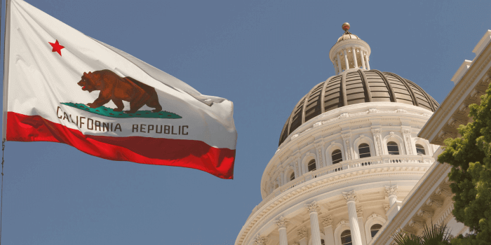 Image of california state capitol museum with california state flag representing california bill 553 compliance