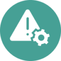 Icon of a warning triangle with an exclamation mark and a gear symbol, representing the need for industry-specific tools to manage context-aware pharma compliance risks.