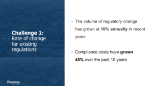 Navigating the current regulatory landscape: top 5 challenges for compliance teams 2 A text image highlighting common challenges of regulatory compliance teams that says, "challenge 1: rate of change for existing regulations"
