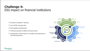 Navigating the current regulatory landscape: top 5 challenges for compliance teams 5 A text image highlighting common challenges of regulatory compliance teams that says, "challenge 4: esg impact on financial institutions"