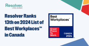 Resolver ranks 13th on 2024 list of best workplaces™ in canada 1 An award badge for the "2024 best workplaces™ in canada" from great place to work®, with a text overlay stating "resolver ranks 13th on the 2024 list of best workplaces™ in canada. " the badge features the great place to work® logo and the text "canada 2024," indicating resolver's 13th place rank among the top 100 workplaces in canada.