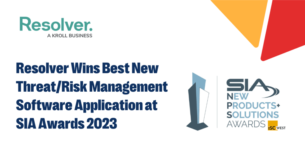 Resolver recognized in the 2023 sia new products & solutions awards at isc west 1 Graphic image with resolver logo and text "resolver wins best new threat/risk management software application at sia awards 2023"
