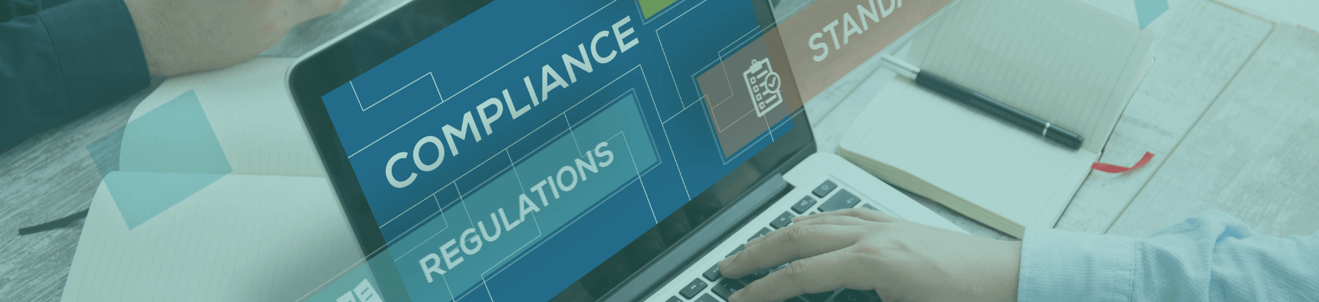 Soc 2 compliance on a laptop with a man's hand and the word regulations appearing on a blue background