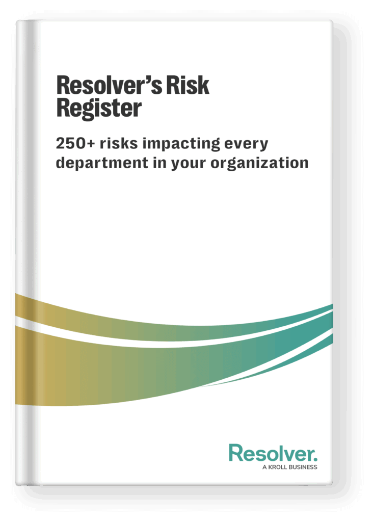 Image of a book with "Resolver's Risk Register" and green & yellow gradient swoosh