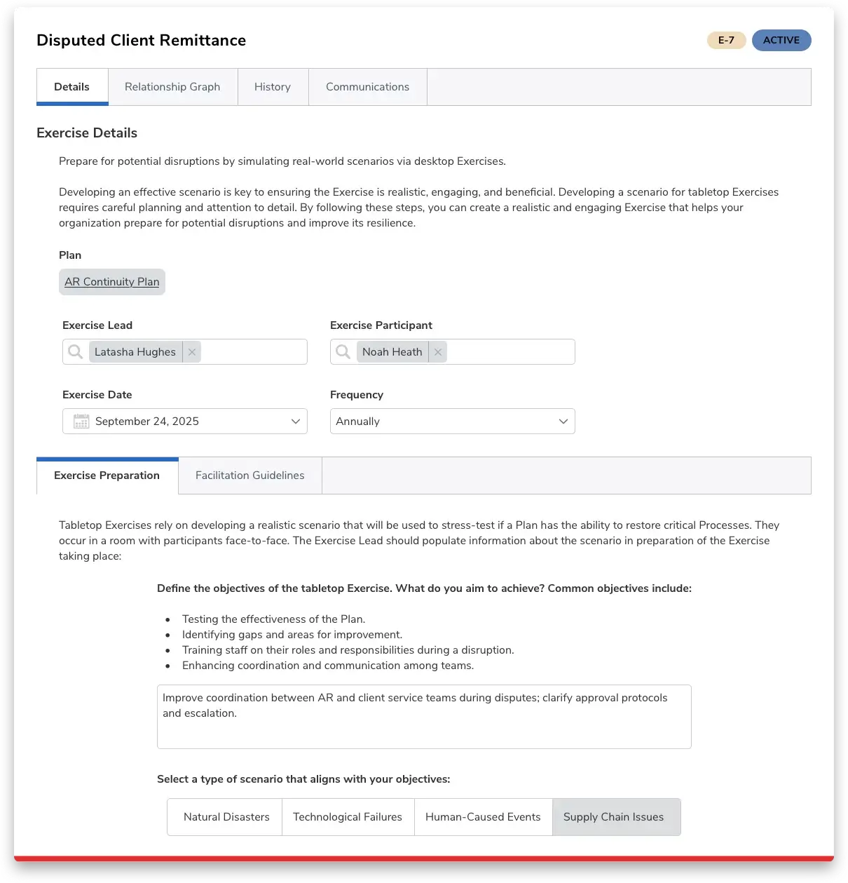 Form interface for planning a “Disputed Client Remittance” tabletop exercise, showing plan details, lead and participant names, date, frequency, objectives, and selectable scenario types.