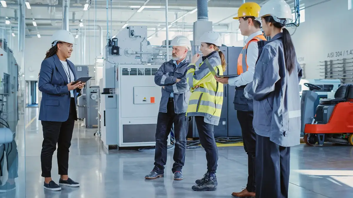 Manufacturing plant team engaged in a security briefing with a female professional using a tablet. They are standing on the production floor surrounded by machinery, showcasing the use of manufacturing plant security software data from Resolver in a real-world setting.